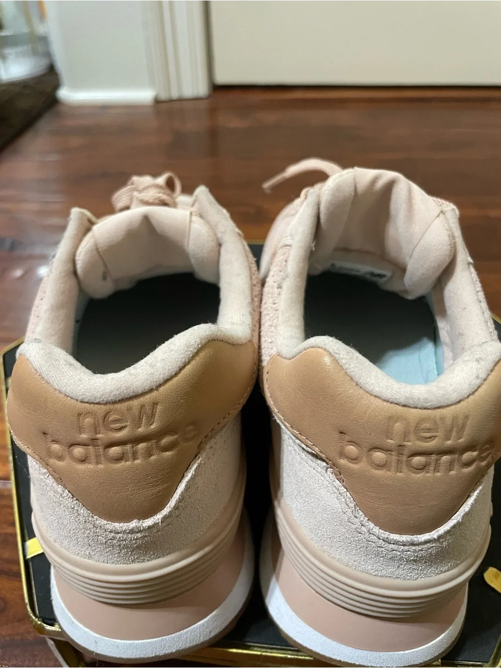 New Balance Women 574 Woven WL574WMB Blush Pink Suede & Tan Accent Sneakers - Picture 5 of 5